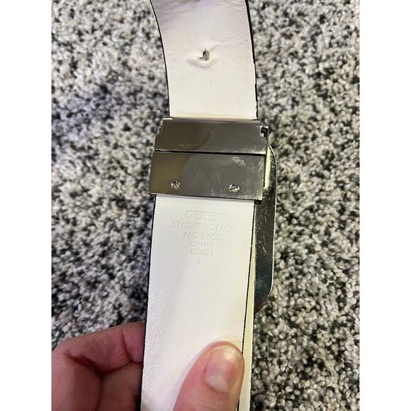 🌟3 for $35🌟 Guess Black Logo “G” Belt Silver Buckle, Rhinestone Adjustable Sz L - Picture 4 of 6